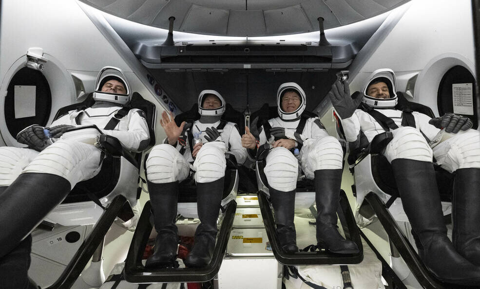   Roscosmos cosmonaut Andrey Fedyaev, left, NASA astronaut Warren “Woody" Hoburg, second from left, NASA astronaut Stephen Bowen, second from right, and UAE (United Arab Emirates) astronaut Sultan Alneyadi, right, are seen inside the SpaceX Dragon Endeavour spacecraft onboard the SpaceX recovery ship MEGAN shortly after having landed in the Atlantic Ocean off the coast of Jacksonville, Florida, Monday, Sept. 4, 2023. Bowen, Hoburg, Alneyadi, and Fedyaev are returning after nearly six-months in space as part of Expedition 69 aboard the International Space Station. Photo Credit: (NASA/Joel Kowsky)
