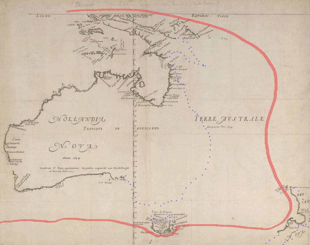 Карта 1644г. Красным отмечен примерный маршрут Абеля Тасмана.