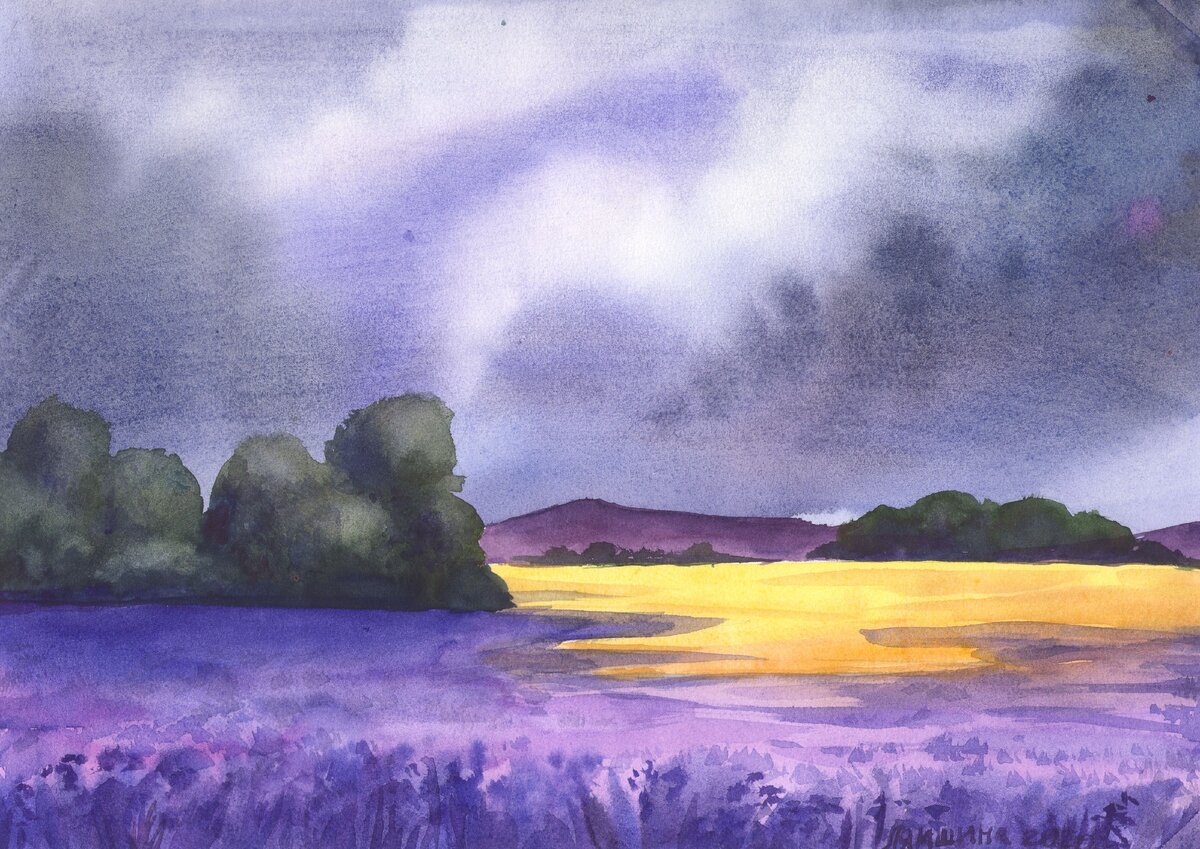 Летний закат рисунок акварелью