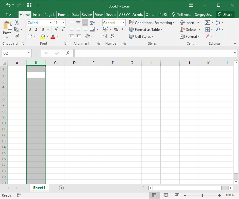 Выделение столбца активной ячейки (B2)