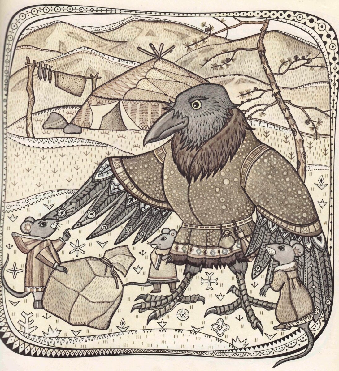 Чукотский ворон Кутх иллюстрации