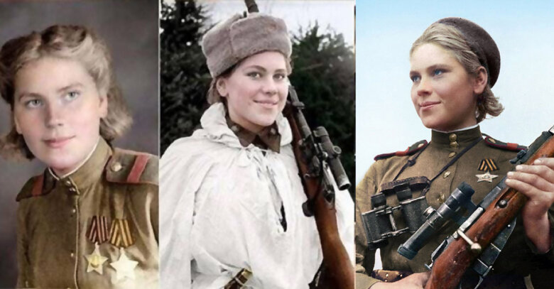 Справа - самый известный портрет Розы Шаниной с оснащённой оптическим прицелом винтовкой Мосина, сделанный неизвестным фотографом в 1944 году. Изначально он был черно-белым, но в наше время благодаря компьютерным технологиям снимок превратили в цветной. | Фото с сайта scoopnest.com