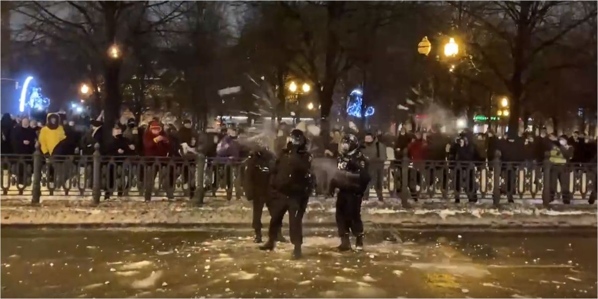 Протестующие забрасывают полицейских снежками.