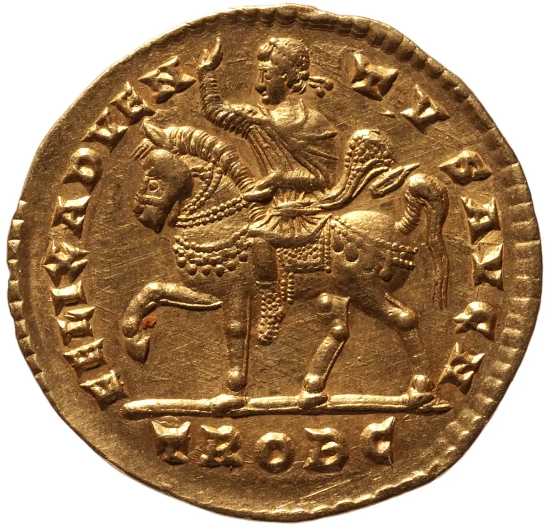 Золотая монета с изображением торжествующего императора Валентиниана