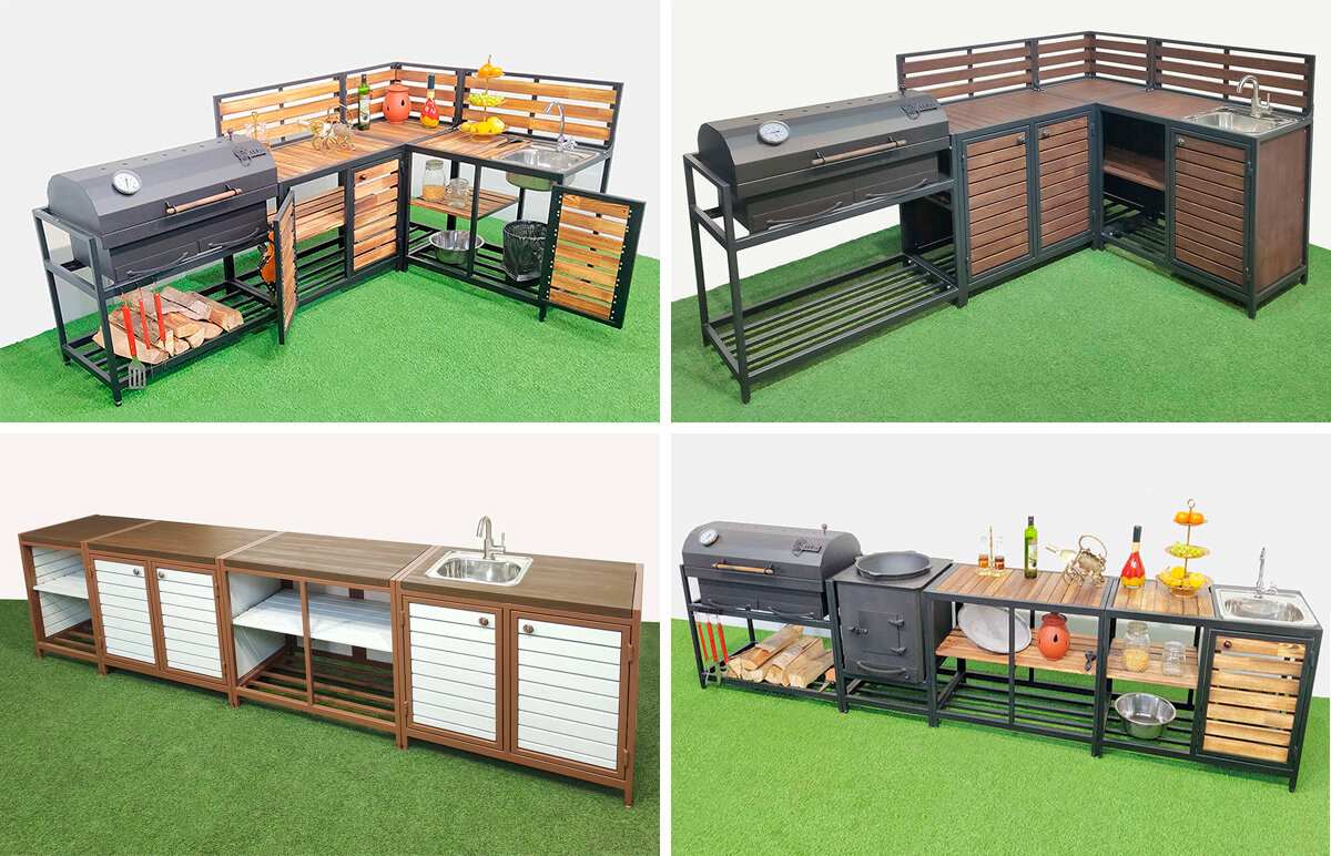 Готовая зона для приготовления еды на открытом пространстве, которую нужно только доставить и расположить в удобном месте.