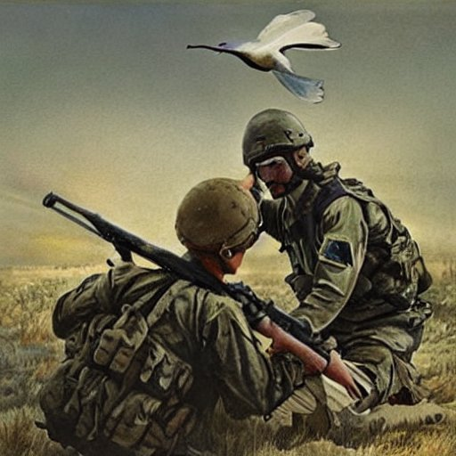 Белый голубь - символ мира, пролетающий над двумя солдатами.