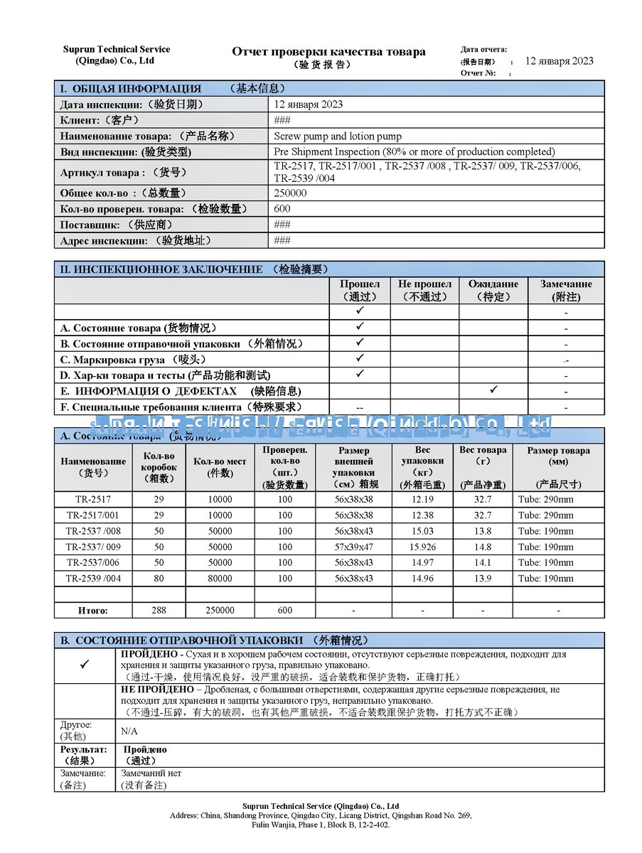 Отчет проверки качества товара