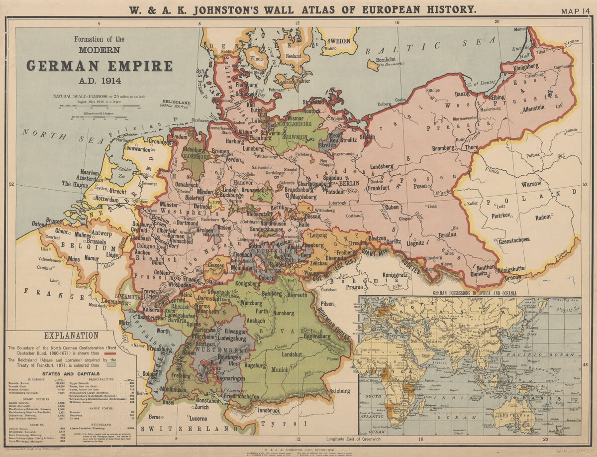 Карта Германской империи с колониями в 1914 г.