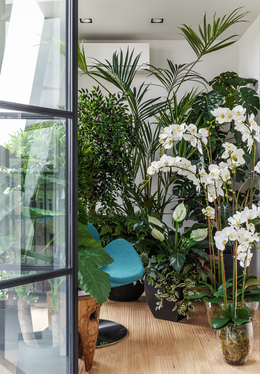 Зимний сад из искусственных растений и кашпо марки Treez Collection.