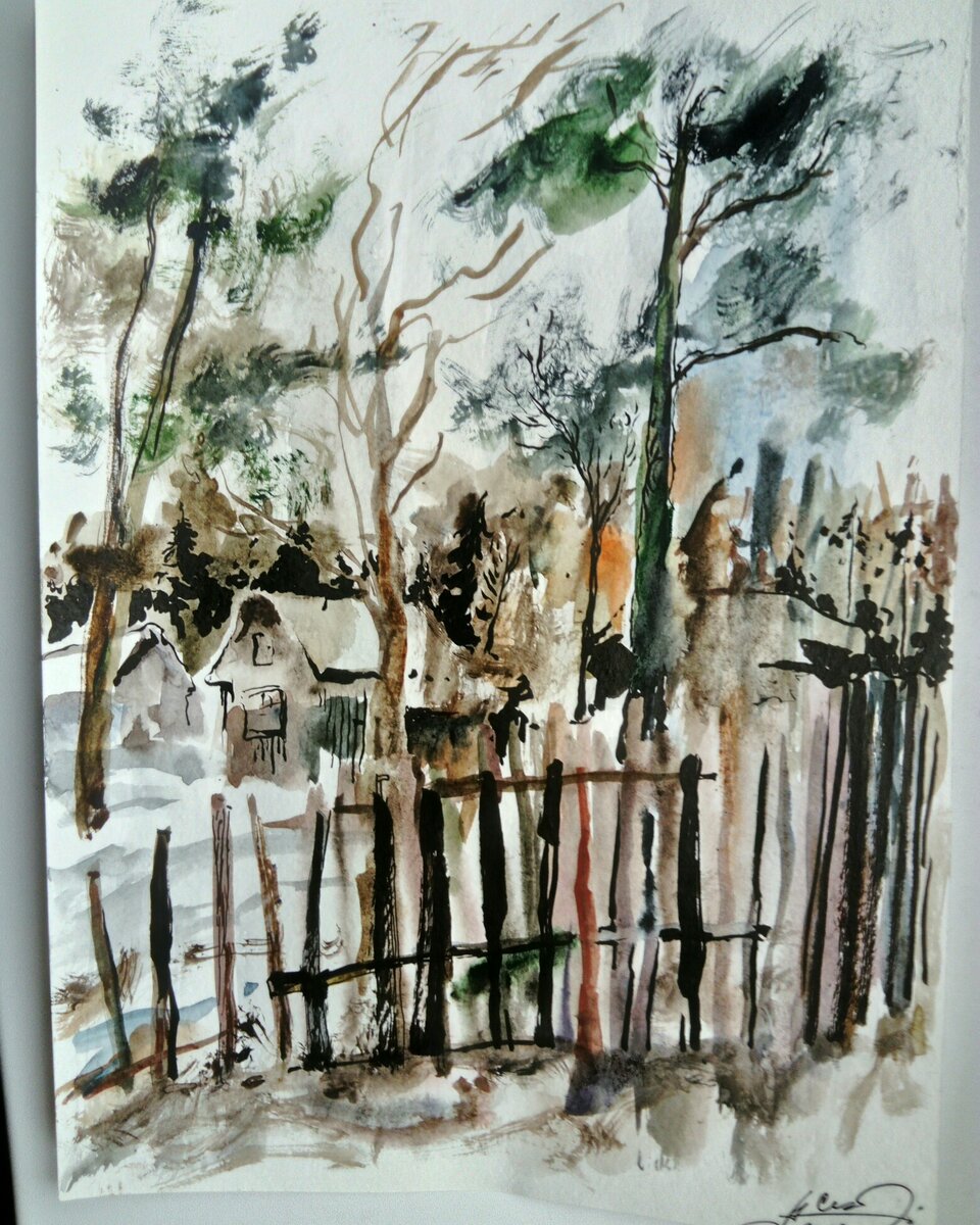 В стародачных местах. Зима. Акварель, тушь. 2019