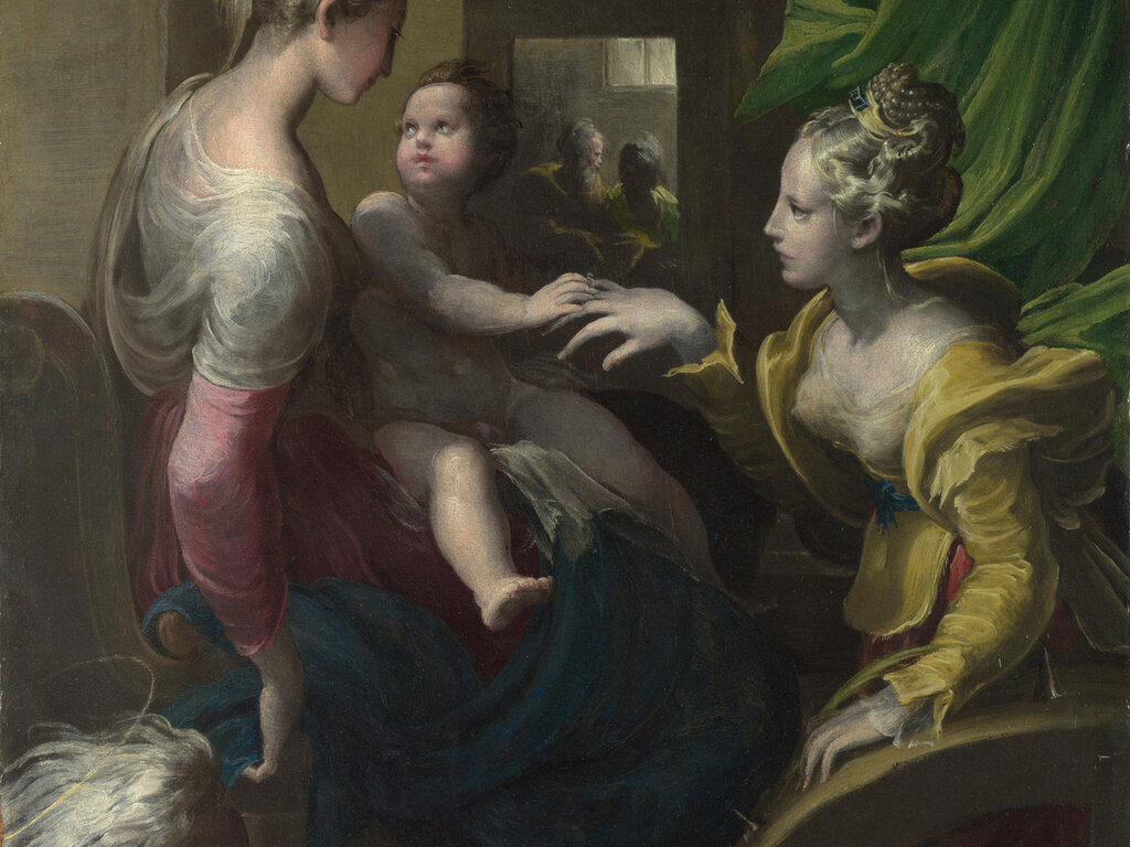 Картина Франческо Пармиджанино.  История о том, как святая Екатерина, представ перед Христом, получает от него обручальное кольцо, стала любимейшим сюжетом художников эпохи Возрождения. Святую Екатерину писали: Рафаэль Санти, Фра Бартоломео, Паоло Веронезе, Лоренце Лотто, Никола Пуссен, Джованни Баттиста Бертуччи, Ганс Мемлинг и другие великие художники более поздних времен. В истории европейской религиозной живописи даже сложился своеобразный канон. На полотнах «Обручение святой Екатерины» мученица изображается в царских одеждах. Склонившись у ног Богоматери, сидящей на троне, святая Екатерина берет кольцо из рук младенца Христа.