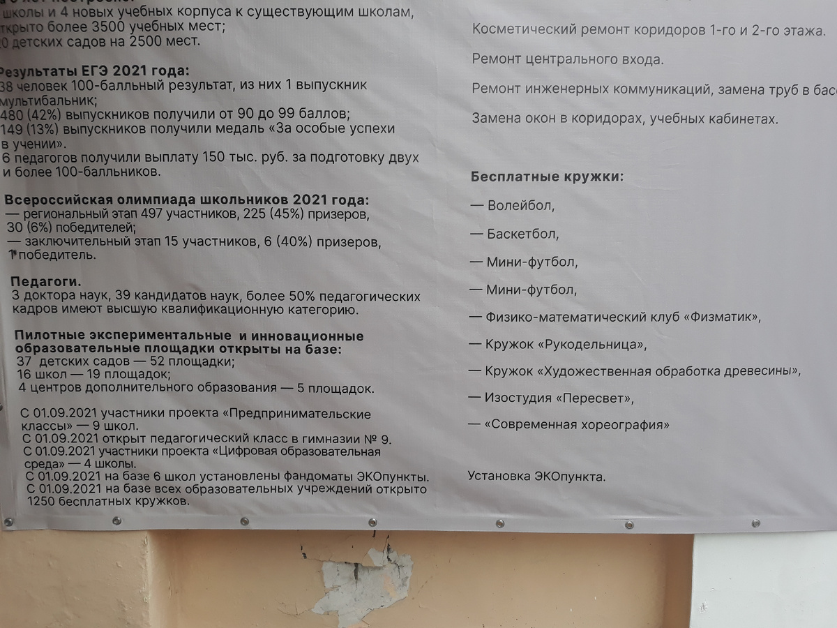 Висит. С очень красноречивой дыркой под самим лозунгом