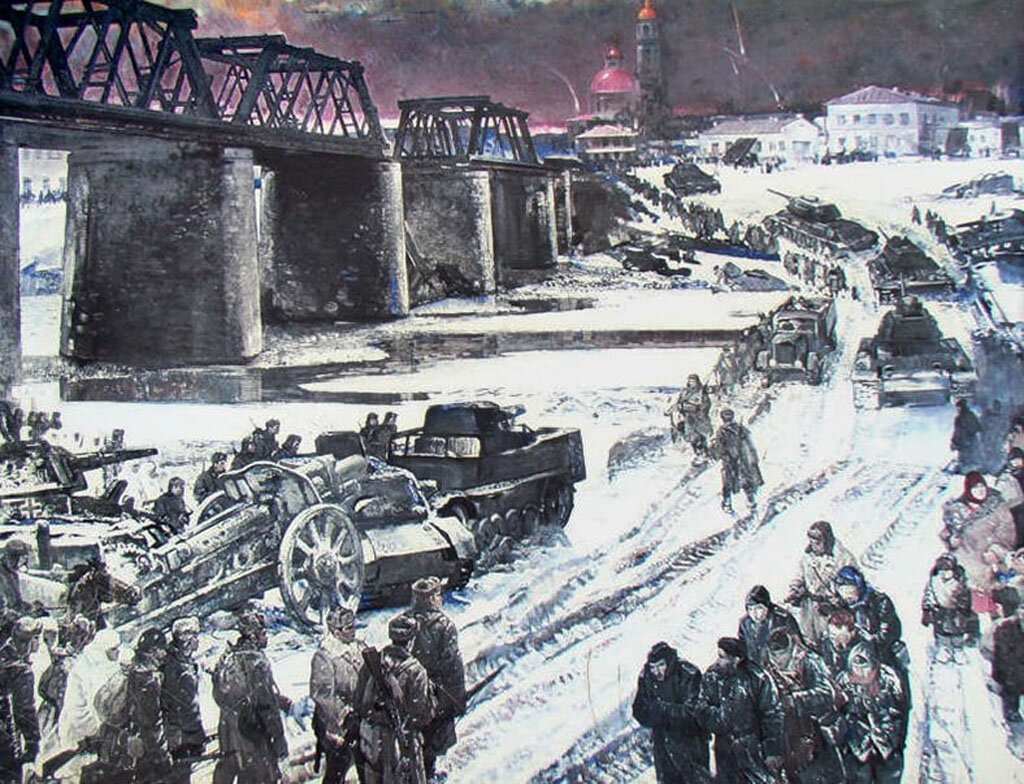 Картина талантливейшего художника Хариса Якупова - ветерана Великой Отечественной войны и непосредственного участника боев за Елец. Полотно называется "Елец. 9 декабря 1941 года". 