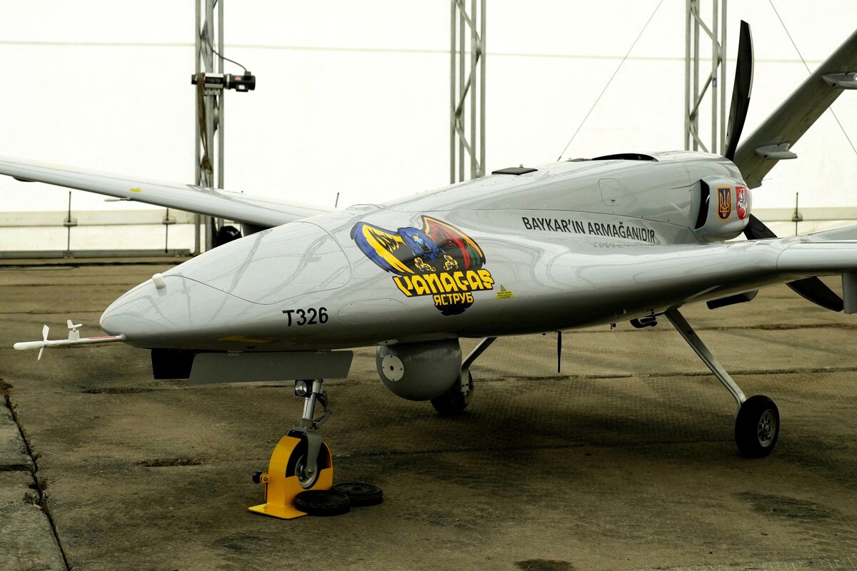A Bayraktar TB2 combat drome donated to Ukraine is seen during a presentation, in Siauliai Air base, Lithuania, July 6, 2022.