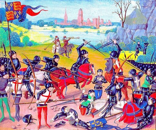 Битва при Азенкуре.  Миниатюра из рукописи «Хроник Сент-Олбанса» Томаса Уолсингема. 1460 год
