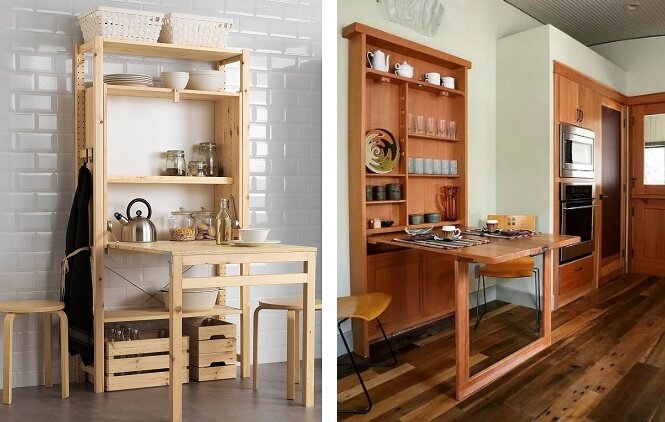 Раскладные обеденные столы, кстати тоже интересная идея для малогабаритных кухонь