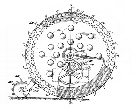 Чертеж "Enfilading Machine" (правая сторона). Патент США 1227487 от 1916 г. Обратите внимание на кружочки по кругу - это стволы для зарядов.