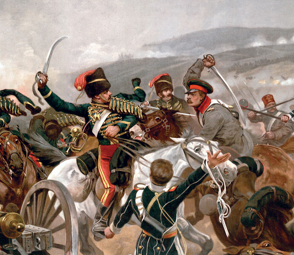 Фрагмент картины "11-й Гусарский дошел до русских орудий" (сражение у Балаклавы, 1854 год).