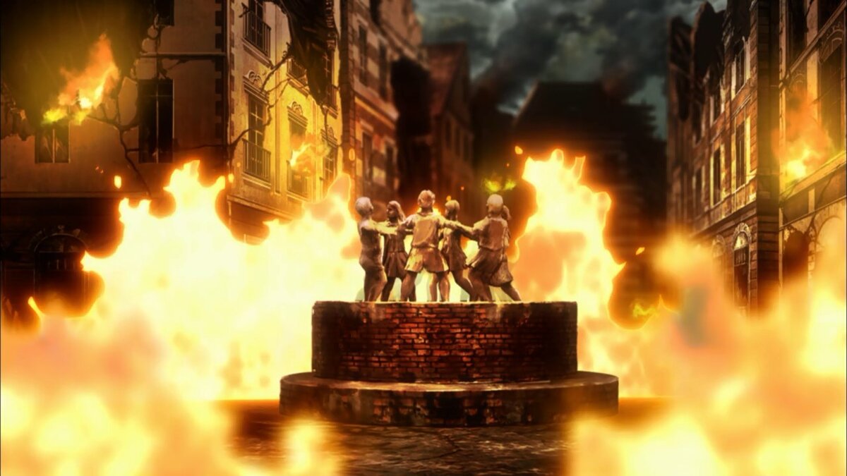 Кадр из сериала отсылает нас к известной фотографии фонтана в Сталинграде.Кадр из сериала  "Сага о Маленькой Девочке: Таня - Воплощение Зла"   