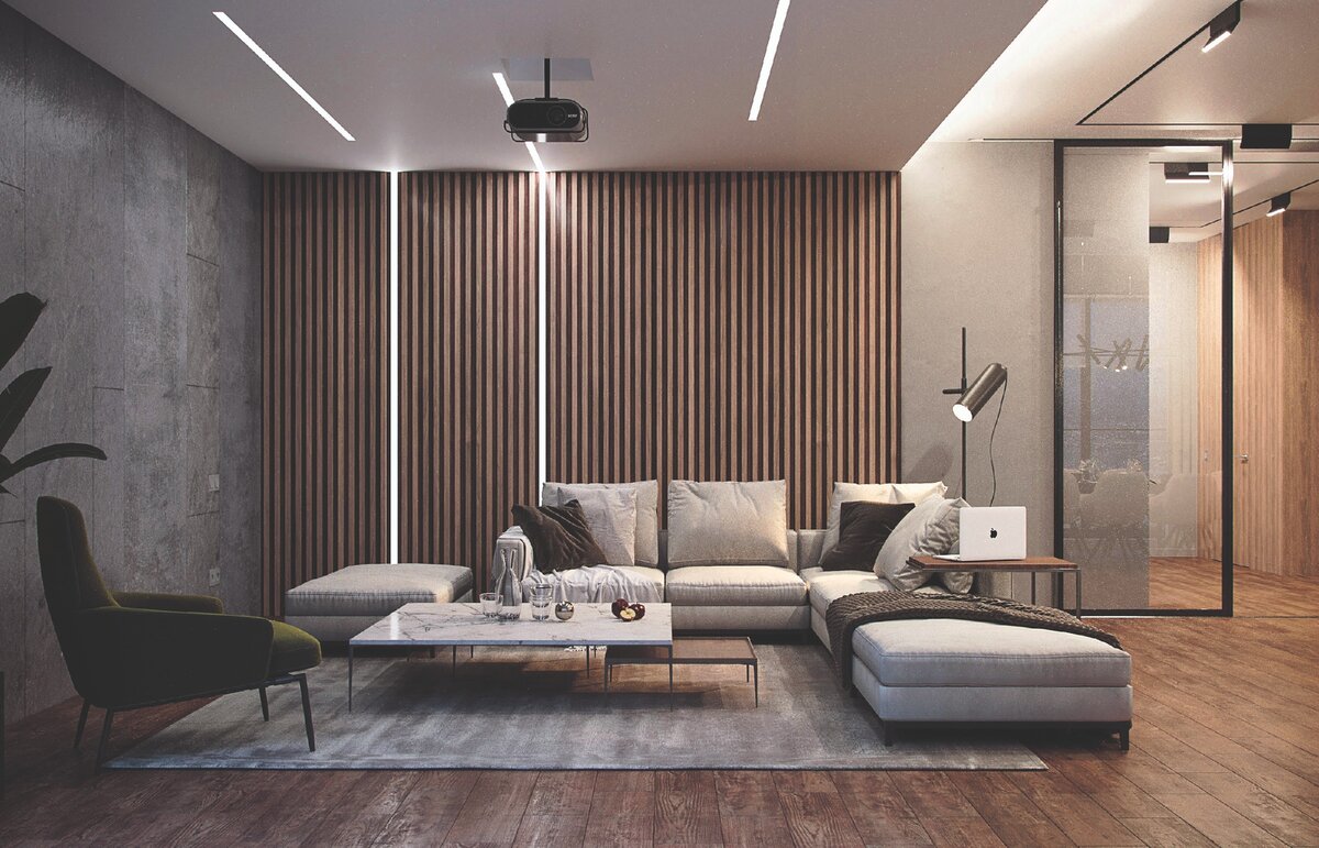 Вертикальные декоративные рейки на стенах в гостиной