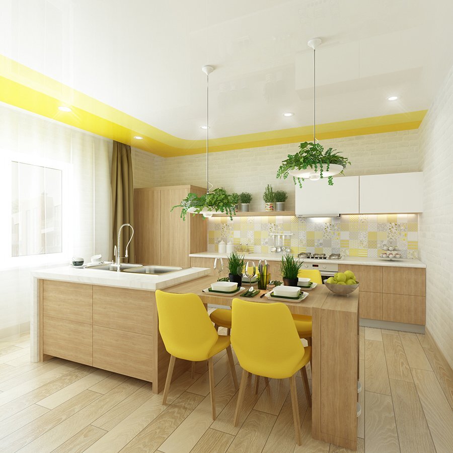 Идеи дизайна интерьера с натяжным потолком желтого цвета