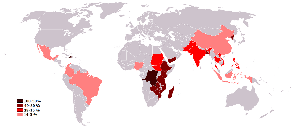 На данной карте выделены страны, в которых голодает 5 и более миллионов человек. Страны окрашены разным цветом в зависимости от процента голодающих от общего населения в стране