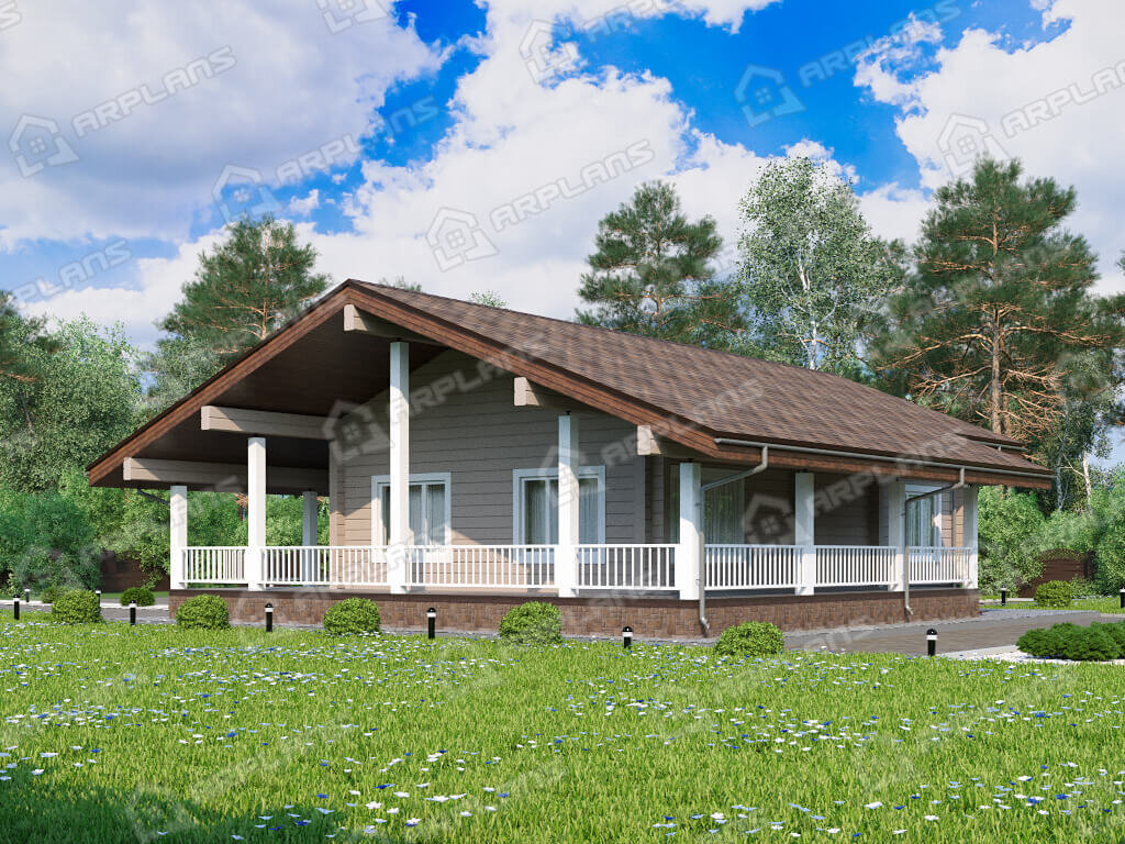 Фото 2 одноэтажного дома из бруса с 2 спальнями и террасой, 100 кв м. Источник arplans.ru Проект ДС-171