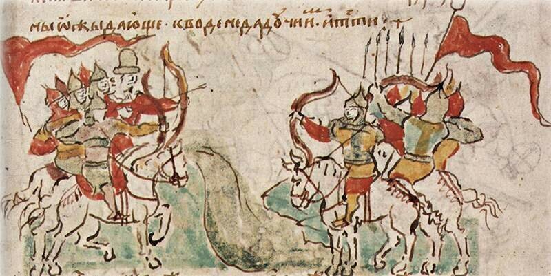 Набег половцев на Русскую землю и сопротивление русских князей. Миниатюра. Радзивилловская летопись. 15 в. Библиотека РАН, Санкт-Петербург.