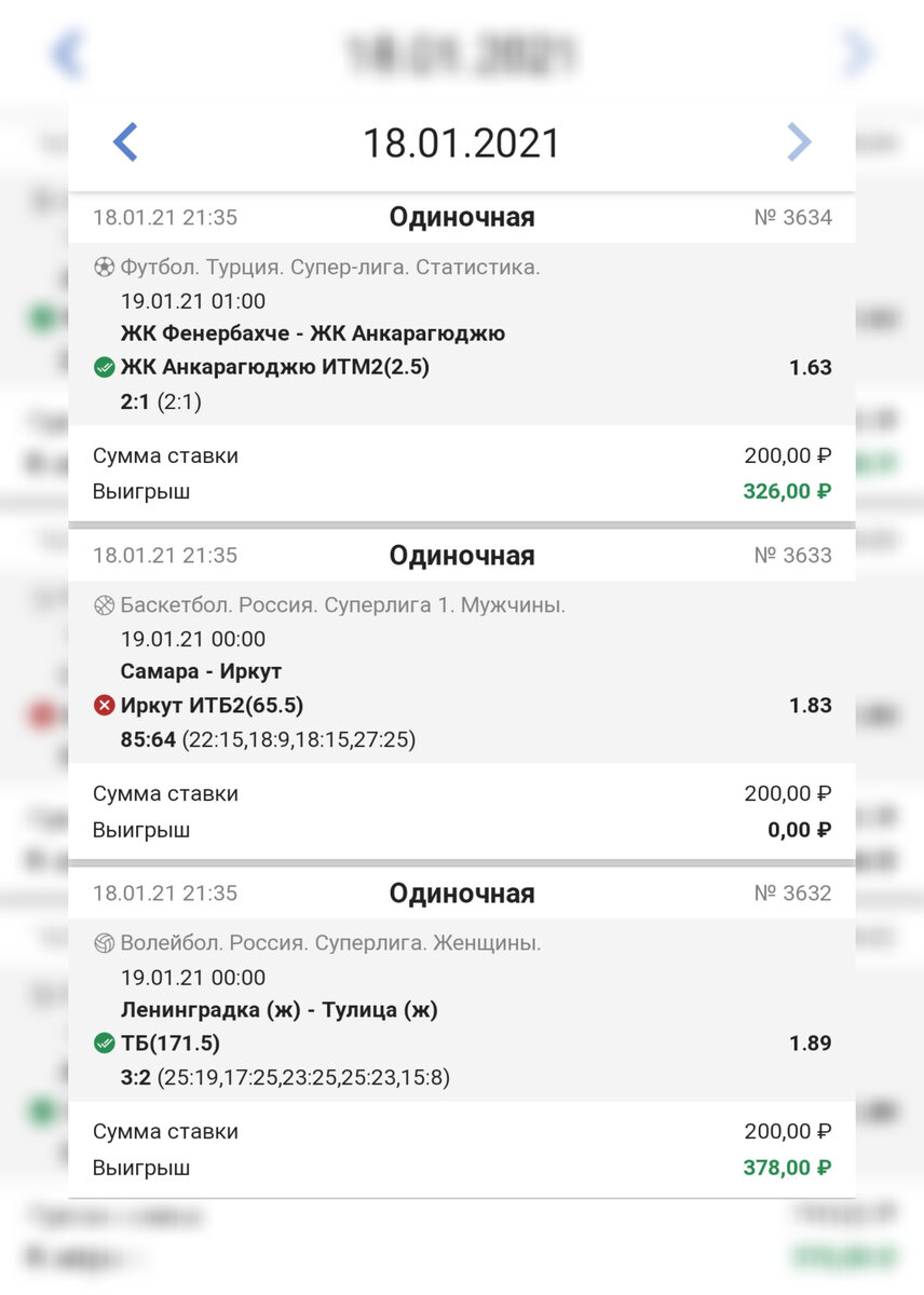 Итоги ставок 18.01.21