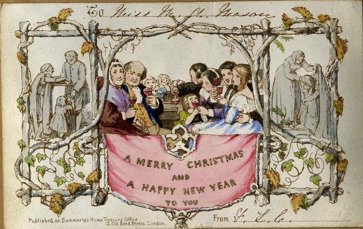 Первой открыткой, сделанной на продажу, считается карточка, которую сэр Генри Коул в начале 1840-х заказал художнику Джону Хорсли (т.к. не успевал написать поздравительные письма всем друзьям).Открытку напечатали литографским способом; на ней была изображена семья сэра Коула, сидящая за рождественским столом, и подпись: «Веселого Рождества и счастливого Нового года!» . Оставшиеся открытки были распроданы всем желающим, причем разошлись они очень быстро.