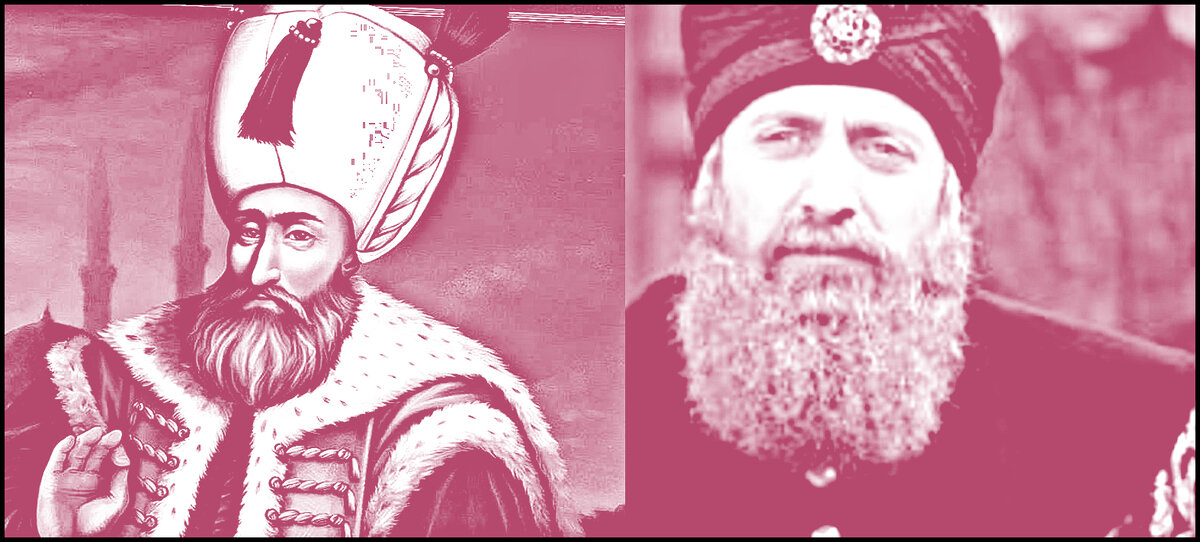 Слева-направо: популярный портрет султана и его образ в кино ("Великолепный век").