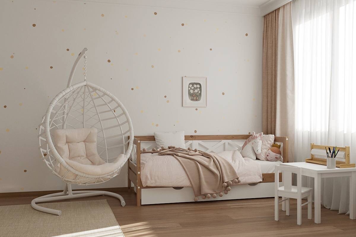 Детская кровать из массива берёзы Пиноккио Кросс Вуд и часть интерьерной наклейки «Радуга»