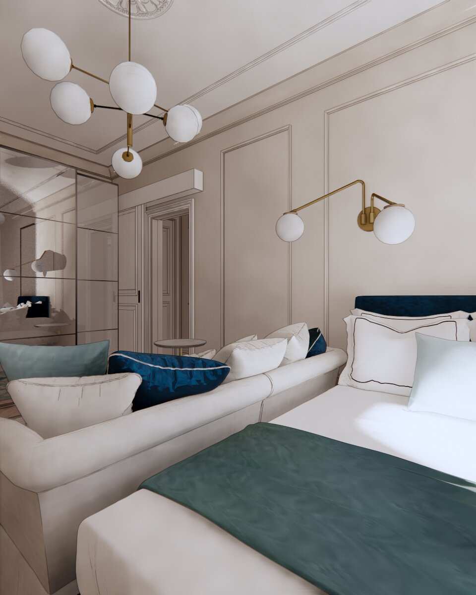 Вид из угла комнаты. Изголовье - ткань в глубоком синем оттенке. 