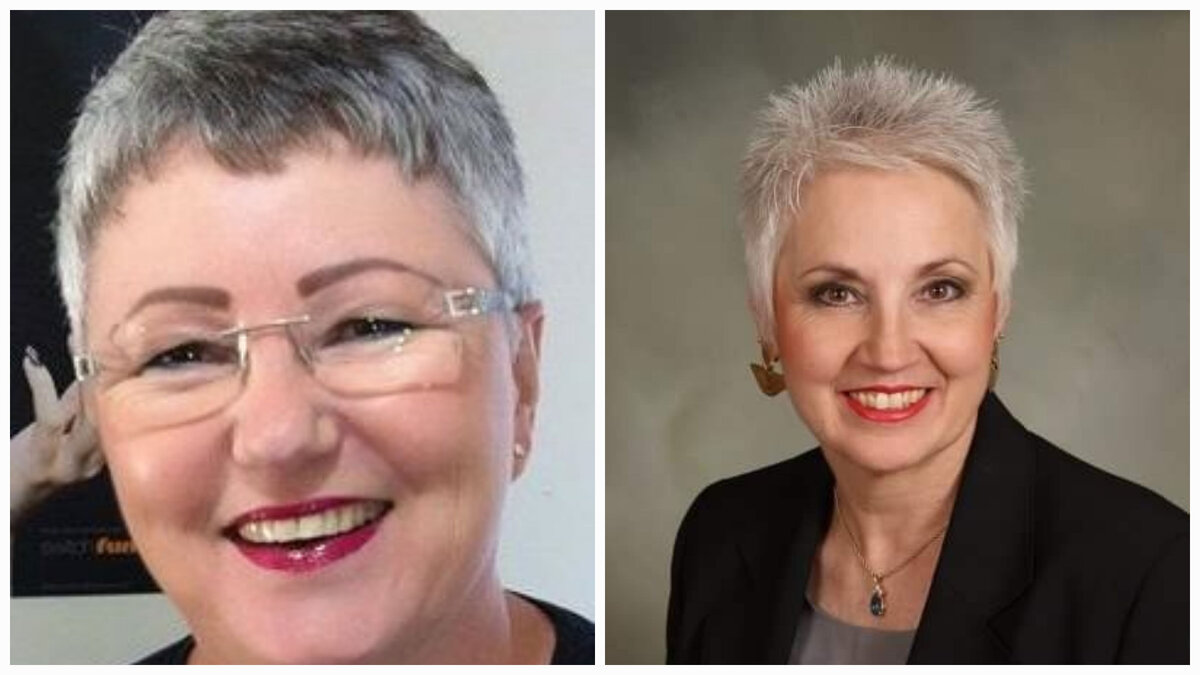 Примерно такой образ (как справа) хотела получить клиентка. Только макияж она не делает и аксессуары не носит. С укладкой каждый день возиться некогда. Мы ей сказали, что в таком случае стрижка будет "лежать" примерно, как слева, только волосы на висках будут длиннее. (Я наверное вас запутала. Надеюсь, разберётесь).