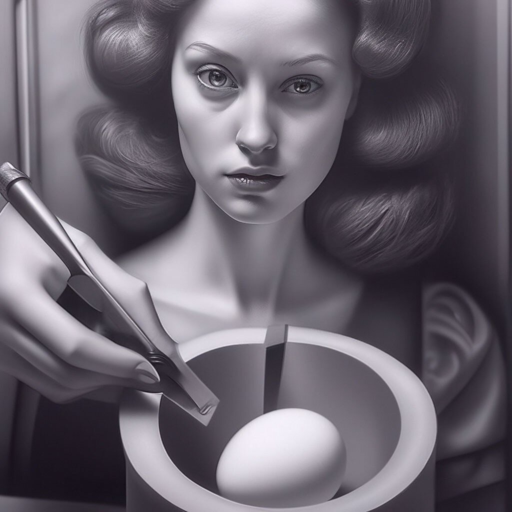 Фото сгенерировано в приложении Шедеврум. https://shedevrum.ai/post/5815703f422a11ee8084c2e644eb6d3f
"Женщина яйцерезка. сюрреализм.  гипердетализация"