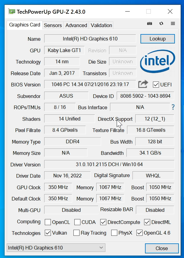 Intel HD Graphics 610 Celeron G3930 1080