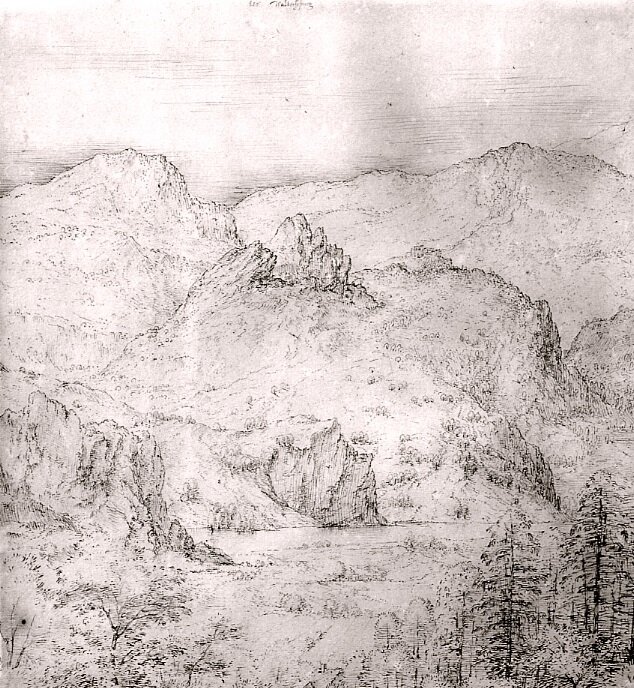 Горный пейзаж — Вальтерсшпург. 1554-1555. Перо, коричневая тушь. 31,7 х 26,3 см. Художественный музей колледжа Бодуэн. Брунсвик (Мэн)