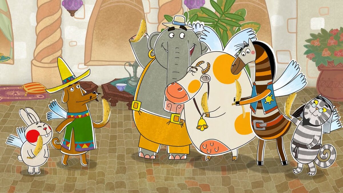 Кадр из самого доброго мультфильма на свете «Летающие звери»: все персонажи - кто, зебра, лошадь, свинка, зайчик пес и слон - умеют летать. Они живут в удивительной «Легкой стране»
