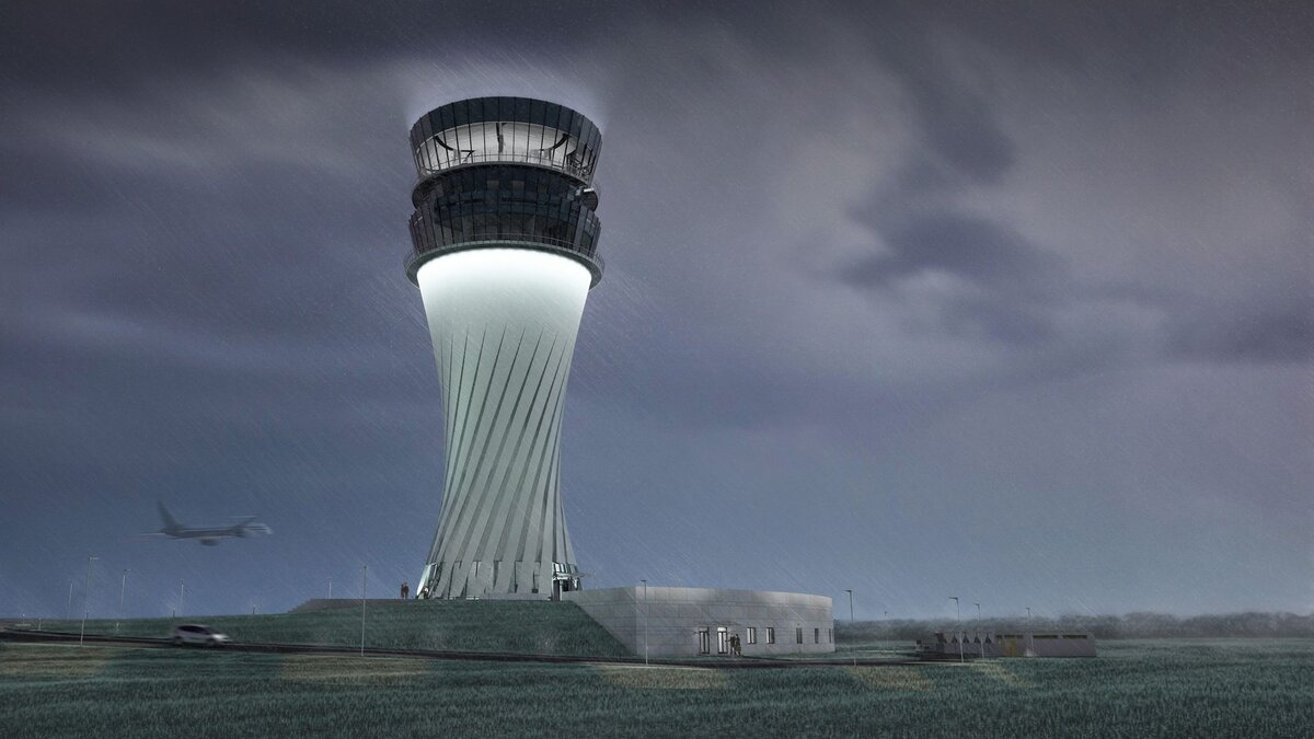 Рендер новой башни управления воздушным движением аэропорта Симферополь - на её сооружение и оборудование и будет потрачено 882 млн рублей