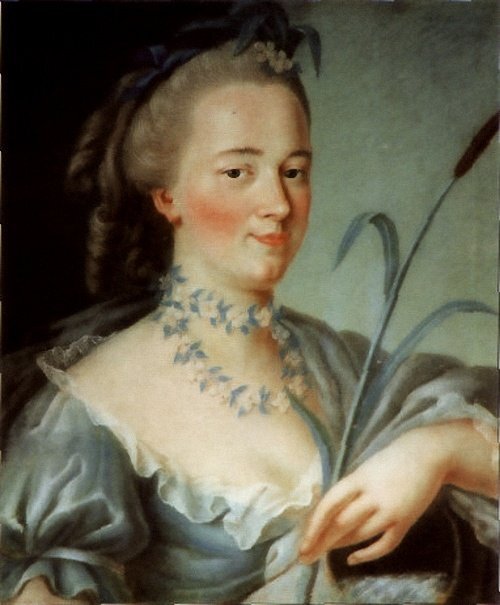 Жан де Самсуа Вода. Портрет графини П.А.Брюс. 1756 г. Прасковья Александровна Брюс (1729 — 1786), урождённая Румянцева, сестра полководца Петра Румянцева-Задунайского, придворная дама Екатерины II (называвшей её Брюсша, Параша, Паранья), была замужем за графом Яковом Александровичем Брюсом.  
 