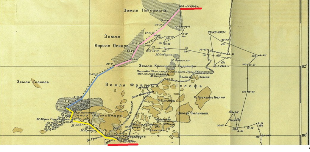 Карта на которой показан поход партии В. Альбанова:розовым цветом – маршрут, пройденный пешком с грузом по дрейфующим льдам.голубым цветом – путь, на дрейфующем к югу льду.жёлтым цветом – путь, пройденный на каяках в море.