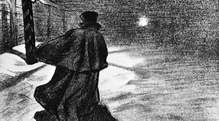 Акакий Акакиевич возвращается с вечера. Иллюстрация к повести Н.В. Гоголя "Шинель"Борис Михайлович Кустодиев .     ''Скоро потянулись перед ним те пустынные улицы, которые даже и днем не так веселы, а тем более вечером. Теперь они сделались еще глуше и уединеннее: фонари стали мелькать реже – масла, как видно, уже меньше отпускалось; пошли деревянные домы, заборы; нигде ни души; сверкал только один снег по улицам, да печально чернели с закрытыми ставнями заснувшие низенькие лачужки"