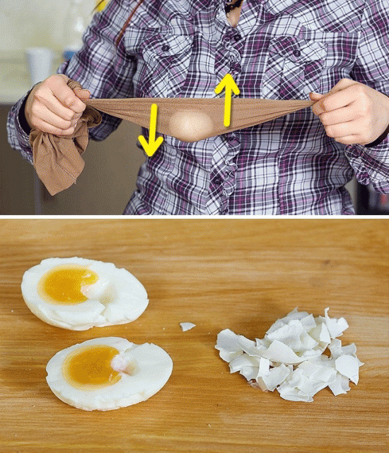 Нужно обмотать яйцо скотчем, поместить в чулок и быстро вращать вокруг оси( ну сварить наконец). Толи силы не хватило, толи ещё что. Плюс яйцо невероятно тяжело чистилось.
