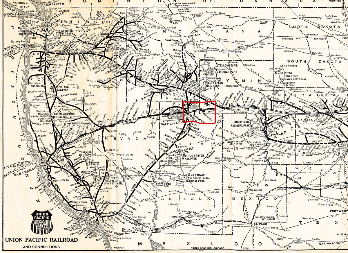Схема Центральной Тихоокеанской железной дороги, красным выделен участок Огден - Эванстаун. 
