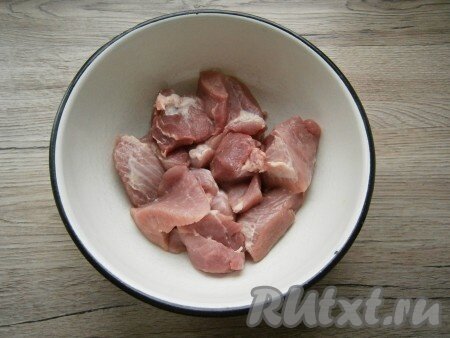 Посыпать мясо специями для шашлыка, перемешать. Добавить нарезанный полукольцами очищенный лук, сверху немного его посолить и посыпать сухой аджикой.