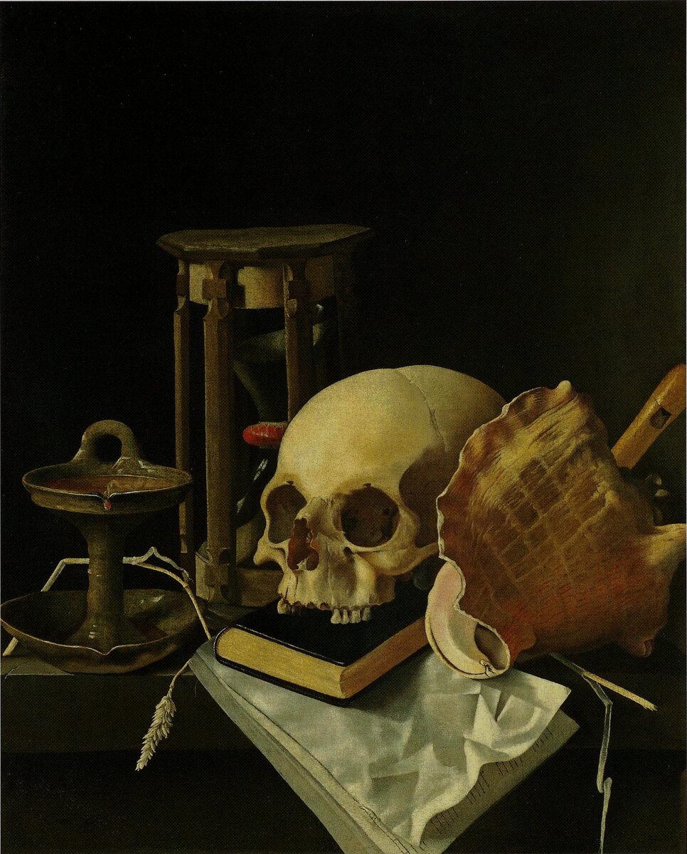 Адриан Корте. Vanitas с черепом, песочными часами, масляной лампой, раковиной. закрытой книгой, блокфлейтой, партитурой и парой колосков на каменном столе, 1686. Частная коллекция