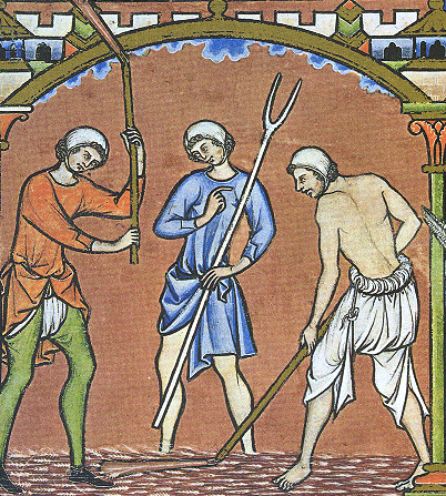 Деталь иллюстрации из Библии Мациевского, 1240-50. (сс) Wikimedia Commons. На крестьянине слева - брэ и штаны-чулки, на крестьянине справа - брэ. А брэ крестьянина в центре мы не видим, но наверняка они у него есть!