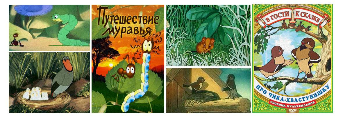 Автор: Союзмультфильм. «Оранжевое горлышко», «Высокая горка», «Путеше́ствие муравья́», «Муравьи́шка-хвастуни́шка», «Мышонок Пик»