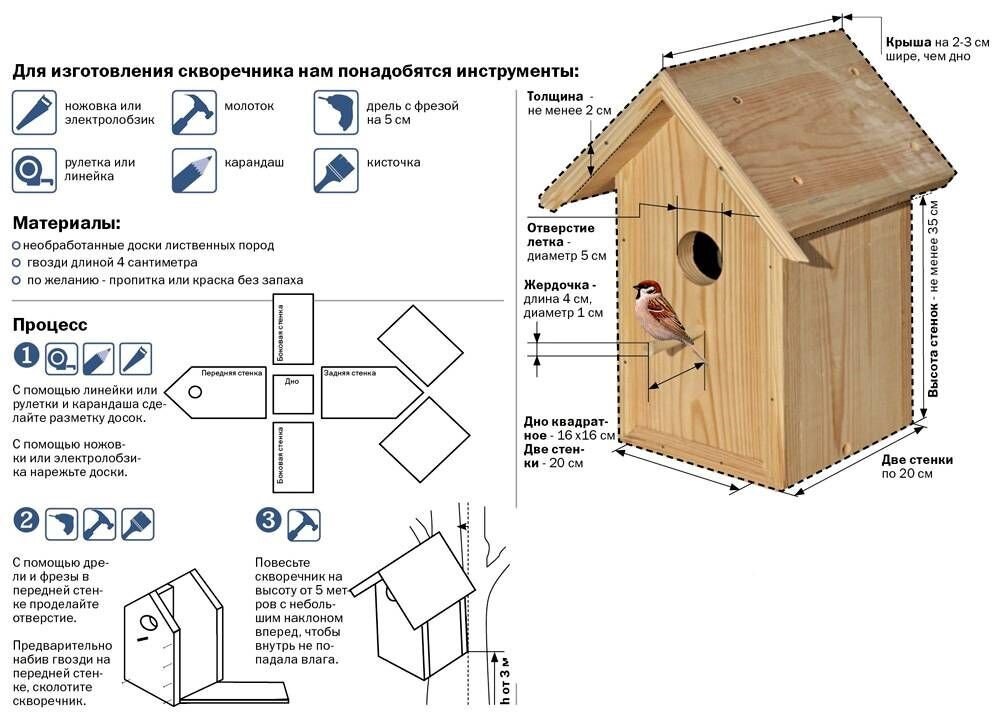 Размеры скворечника: чертеж из доски, как сделать своими руками