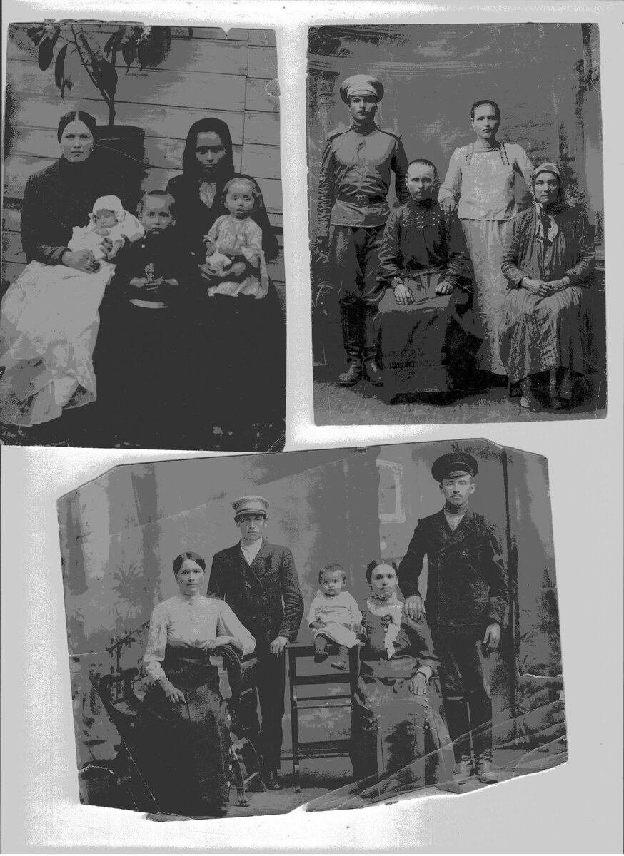 На верхней фотографии сестры с детьми; Анастасия в светлой блузе с сестрой, братом и мамой. Внизу сестры с мужьями, бабушка с мужем слева.